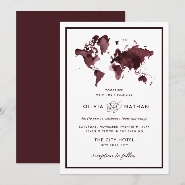 Burgundy World Map | Elegant Travel Theme Wedding Invitation (Front/Back)