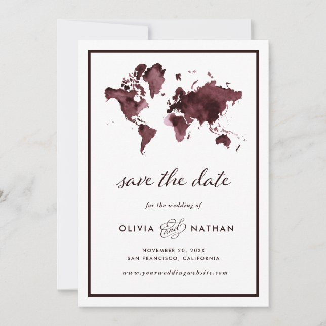 Burgundy World Map | Elegant Travel Theme Wedding Save The Date (Front)