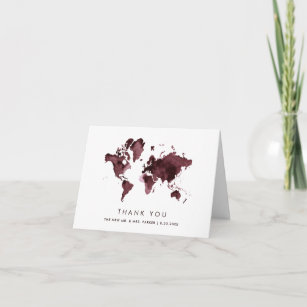 Burgundy World Map   Elegant Travel Theme Wedding Thank You Card