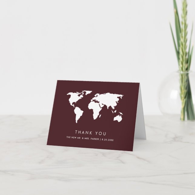 Burgundy World Map | Elegant Travel Theme Wedding Thank You Card (Front)