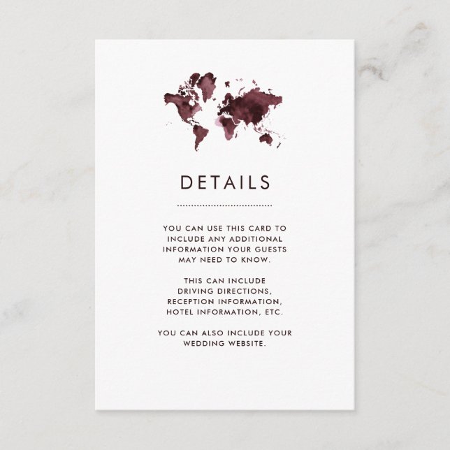 Burgundy World Map Elegant Travel Wedding Details Enclosure Card (Front)