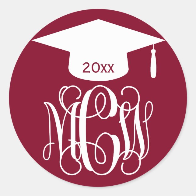 Burgundy Wt Vine Script Monogram Graduation DIY BG Classic Round Sticker (Front)