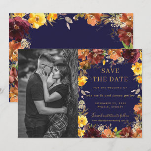 Burgundy Yellow Floral Photo Save the Date Card