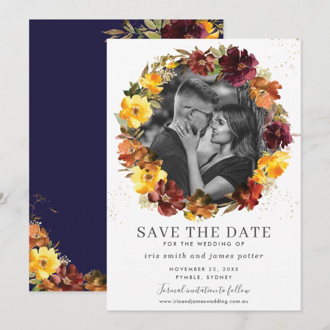 Burgundy Yellow Floral Photo Save the Date Card (Front/Back)