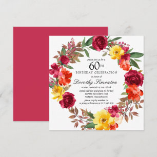Burgundy Yellow Orange Floral 60th Birthday Invitation