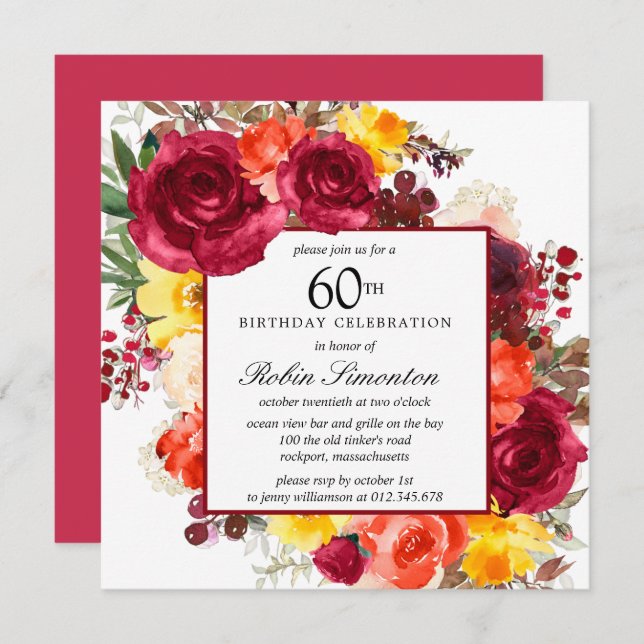 Burgundy Yellow Orange Floral 60th Birthday Invitation (Front/Back)