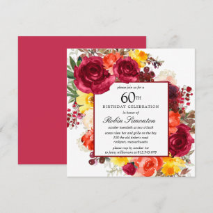 Burgundy Yellow Orange Floral 60th Birthday Invitation