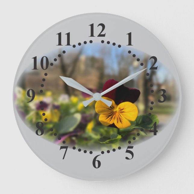 Burgundy yellow pansy large clock (Front)