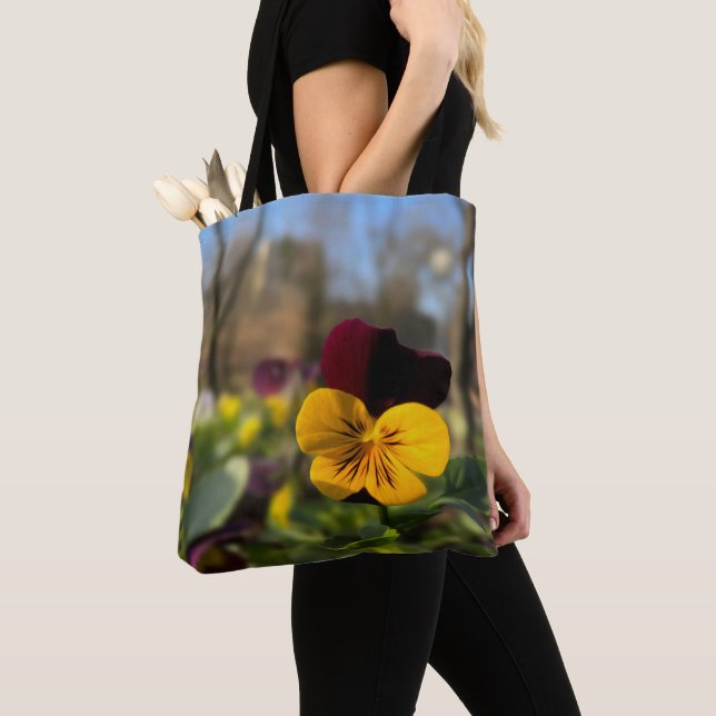 Burgundy yellow pansy tote bag (Close Up)