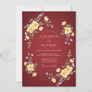 Burgundy Yellow Romantic Floral Wedding Invitation