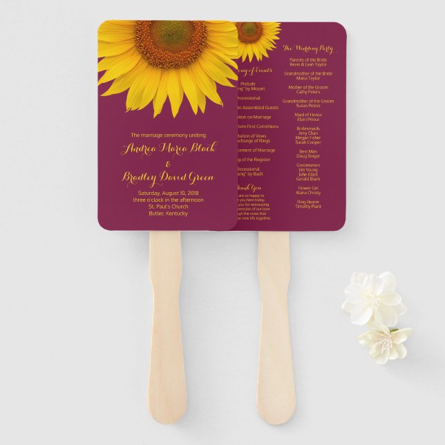 Burgundy Yellow Sunflower Wedding Program Fan (Front and Back)