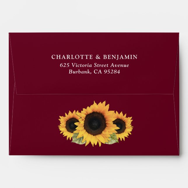 Burgundy Yellow Sunflower Wedding Return Address Envelope (Back (Top Flap))