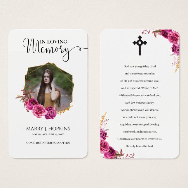 Burguny Blossom Photo Memorial Prayer Cards (Front & Back)