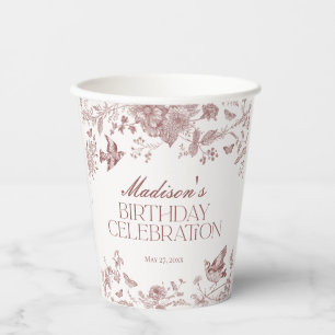 Burguny Toile Jouy Vintage Floral Birthday Party Paper Cups