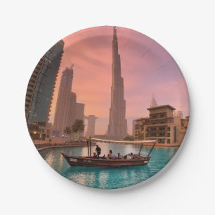 Burj Khalifa Boat Lake Cityscape Paper Plate