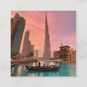 Burj Khalifa Boat Lake Cityscape Square Business Card