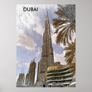 Burj Khalifa Dubai Vintage Travel Skyline Poster