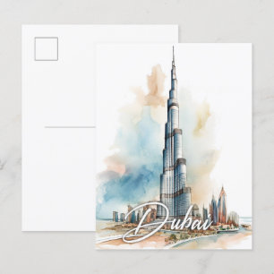 Burj Khalifa Dubai Watercolor Painting Travel Postcard