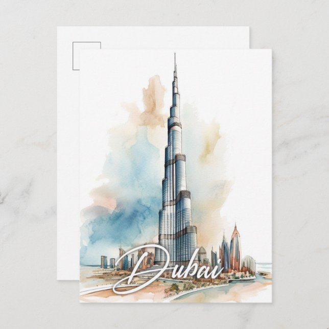 Burj Khalifa Dubai Watercolor Painting Travel Postcard (Front/Back)