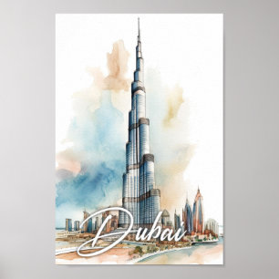 Burj Khalifa Dubai Watercolor Painting Travel Poster