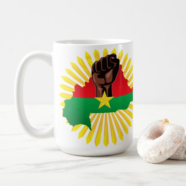 Burkina Faso Map, Flag and Revolution Fist Coffee Mug (With Donut)