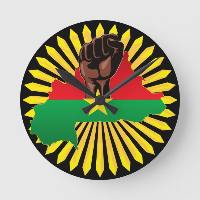 Burkina Faso Map, Flag and Revolution Fist Round Clock (Front)