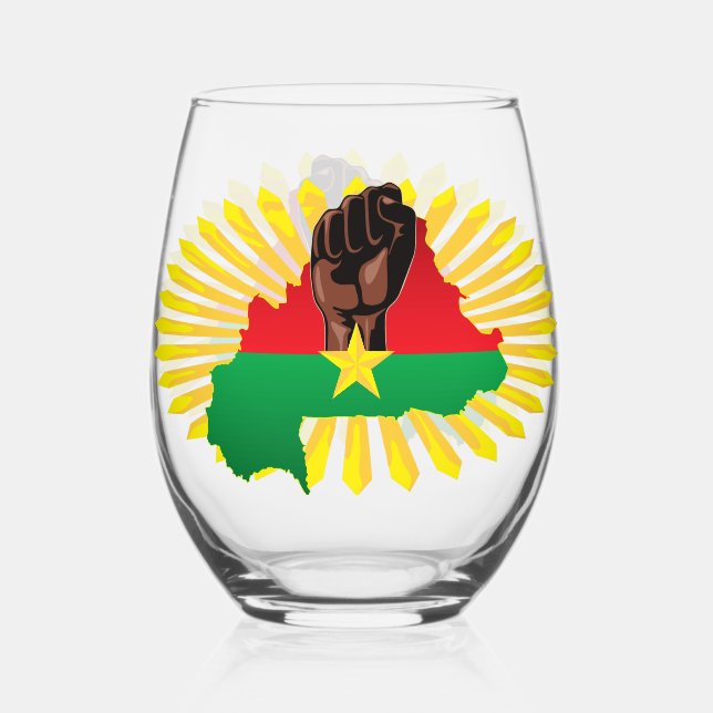 Burkina Faso Map, Flag and Revolution Fist Stemless Wine Glass (Front)