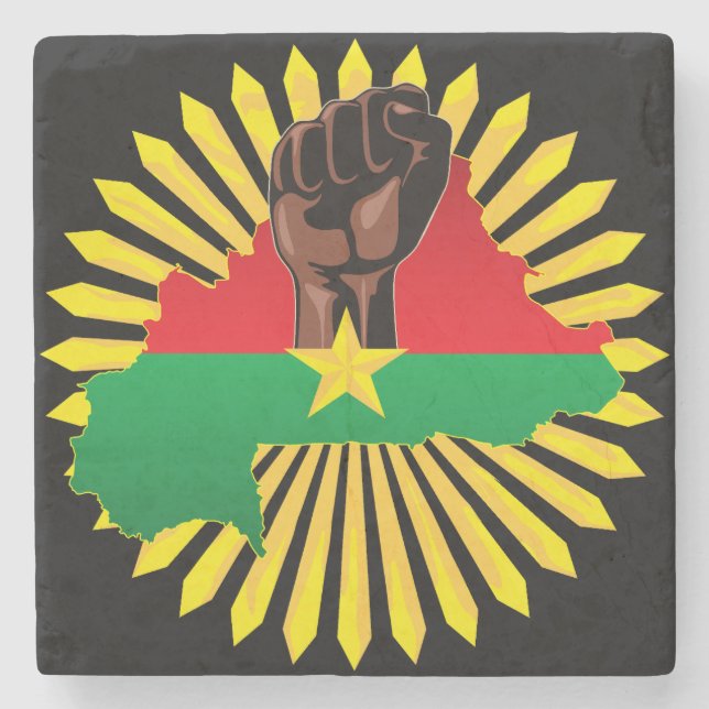 Burkina Faso Map, Flag and Revolution Fist Stone Coaster (Front)