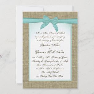 Burlap and Aqua Bow Rustic Wedding Invitation