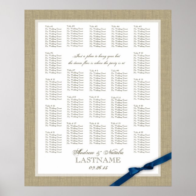 Burlap and Blue Bow Wedding Seating Chart (Front)