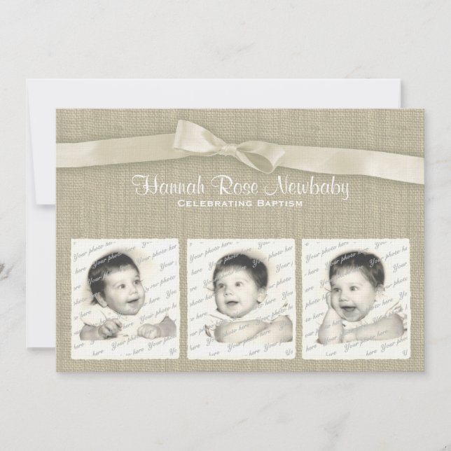 Burlap and Bow Baptism with Photos Invitation (Front)
