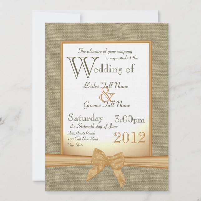 Burlap and Bow Orange Country Wedding Invitation (Front)