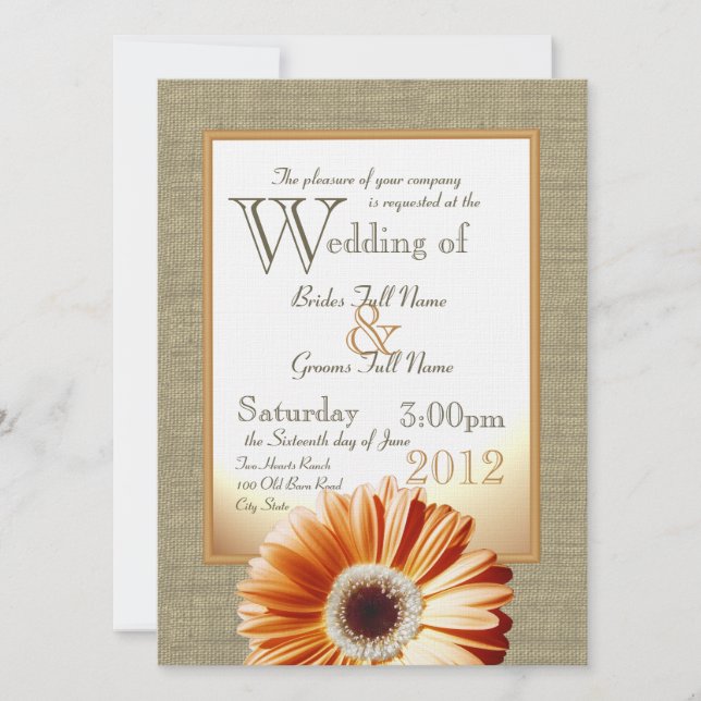 Burlap and Bow Orange Gerbera Daisy Wedding Invitation (Front)