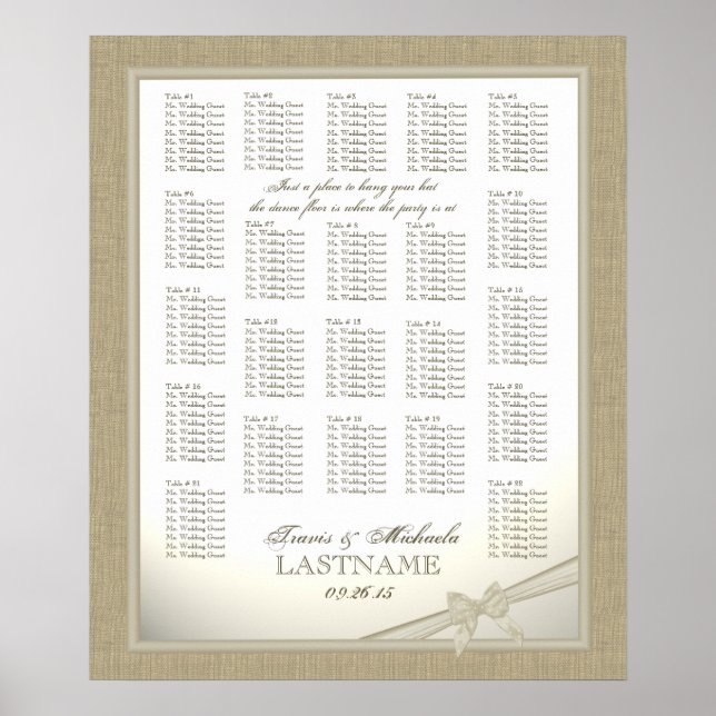 Burlap and Bow Wedding Seating Chart (Front)