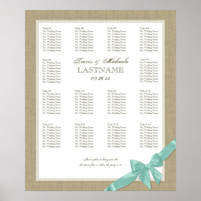 Burlap and Bow Wedding Seating Chart (Front)