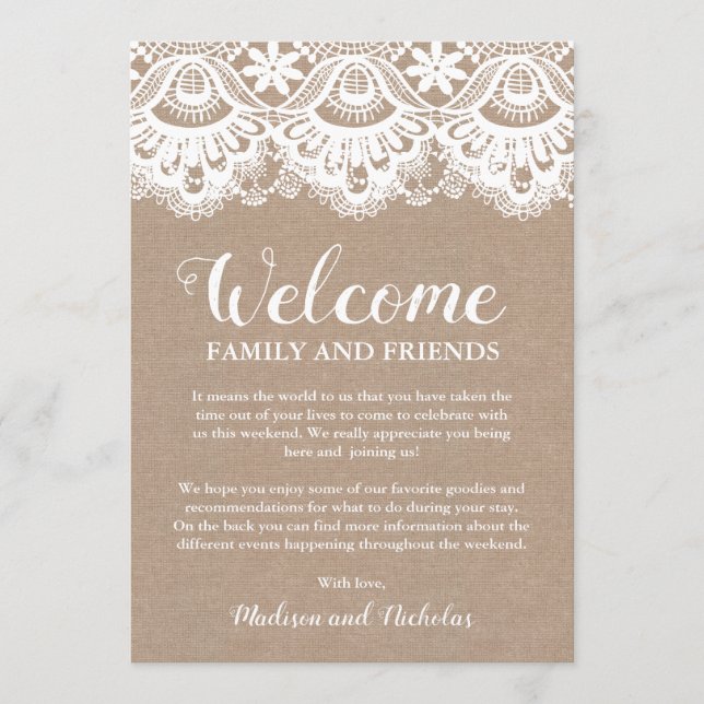 Burlap and Lac Wedding Hotel Welcome Cards, Rustic Program (Front)
