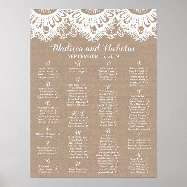 Burlap and Lace Alphabetical Seating Chart, Rustic Poster (Front)