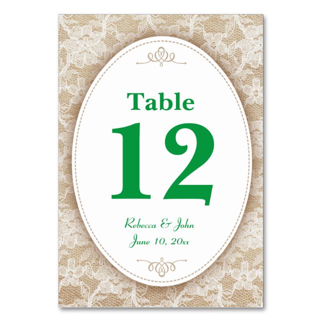 Burlap and Lace and Green Table Number (Front)