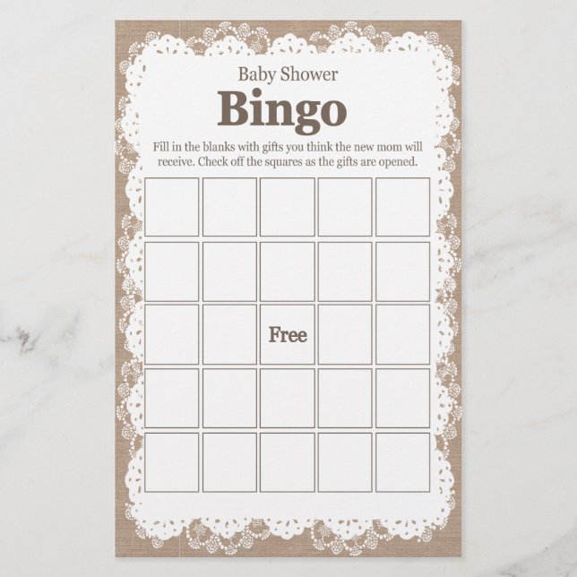 Burlap and Lace Baby Shower Bingo Cards (Front)