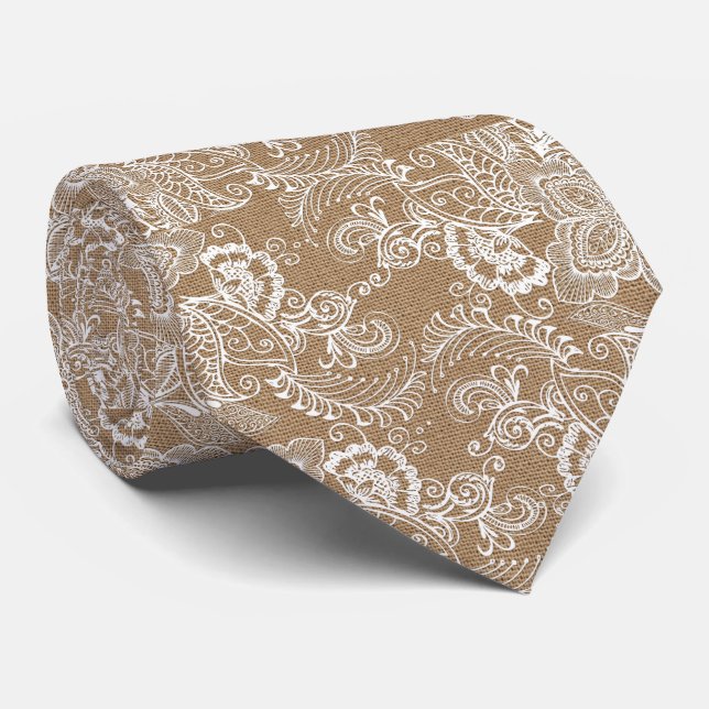 Burlap and Lace Beige Tie (Rolled)