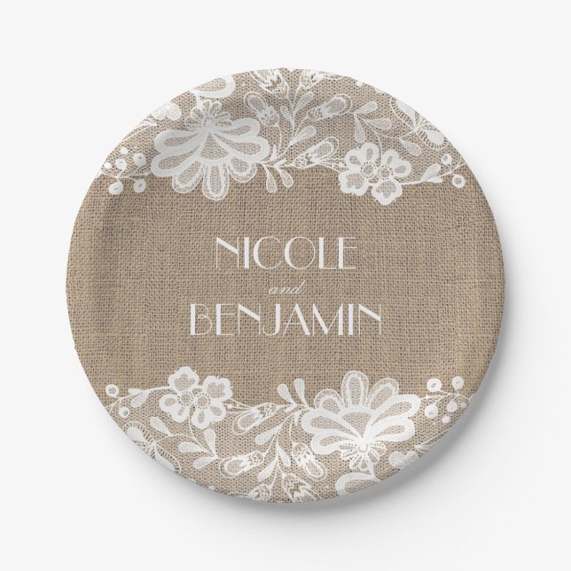 Burlap and Lace Floral Elegant Wedding Paper Plate (Front)