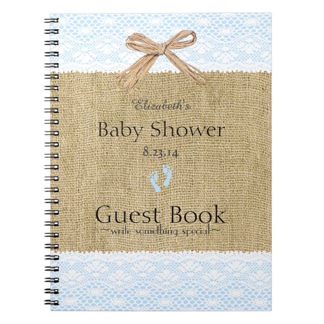 Burlap and Lace Image Blue Baby Shower Guest Book- Notebook (Front)