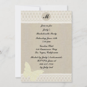 Burlap And Lace Monogram Bachelorette Party Invite