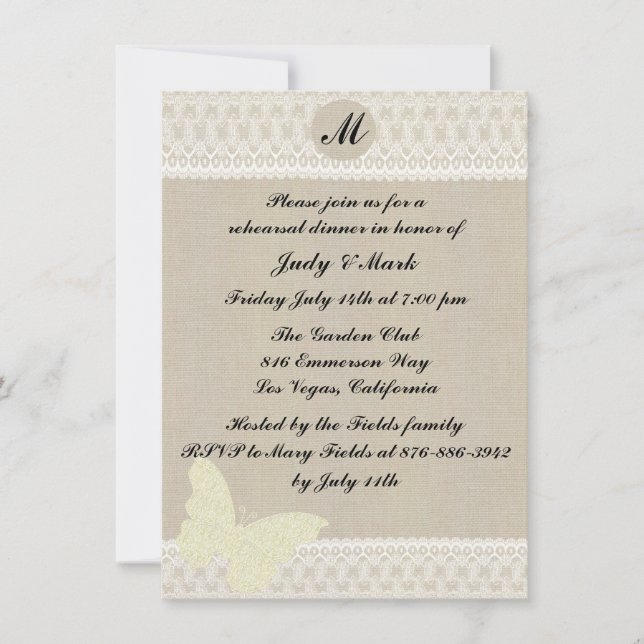 Burlap And Lace Monogram Rehearsal Dinner Invite (Front)