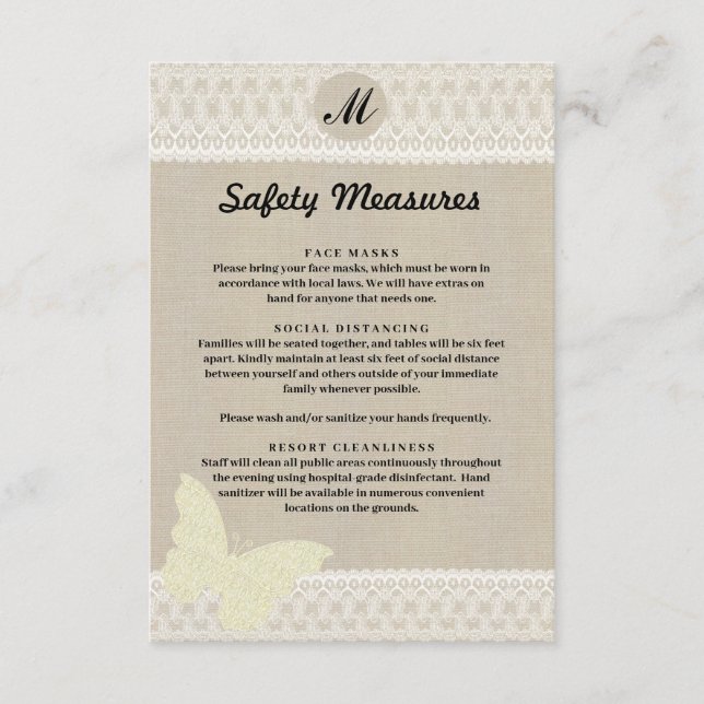 Burlap And Lace Monogram Safety Measures Enclosure Card (Front)