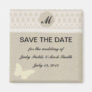 Burlap And Lace Monogram Save The Date Magnet