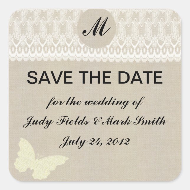 Burlap And Lace Monogram Save The Date Stickers (Front)