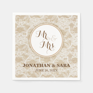 Burlap and Lace, Mr. & Mrs. Personalised Wedding Napkin