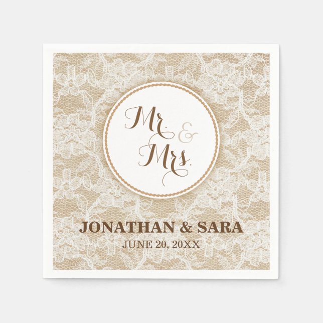 Burlap and Lace, Mr. & Mrs. Personalised Wedding Napkin (Front)