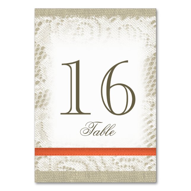 Burlap and Lace Ocean Romance Coral Table Number (Front)